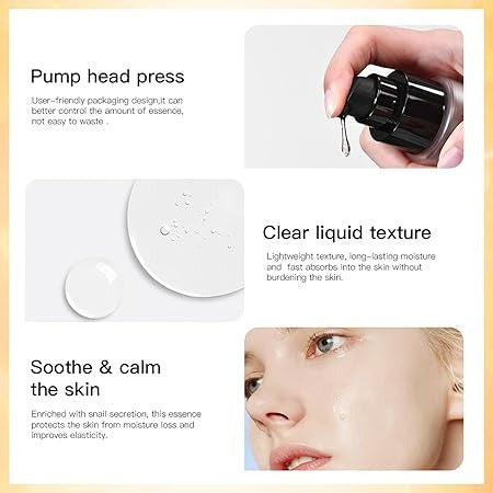 Product packaging with pump head, clear liquid texture, and benefits for skin shown on a person's face.