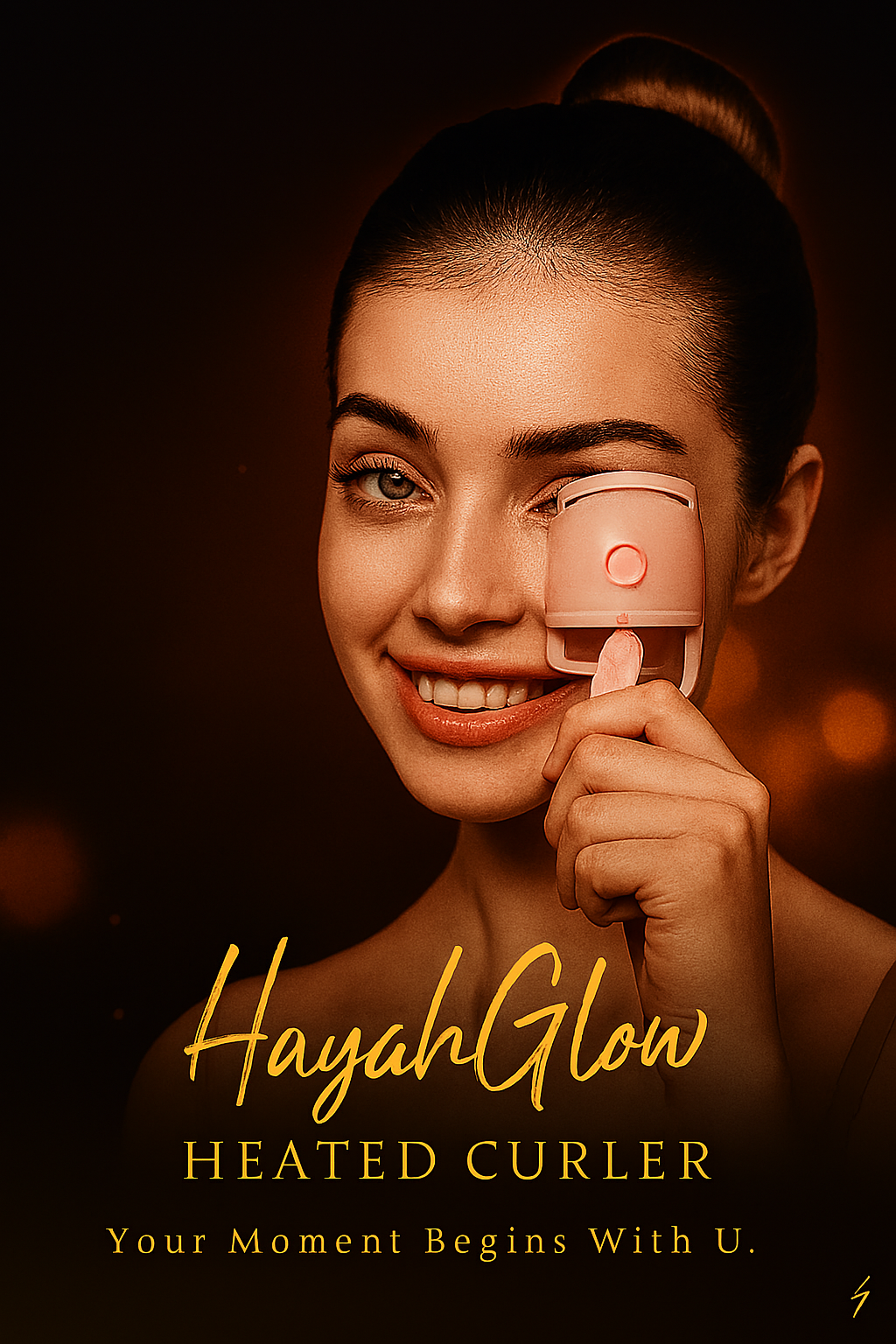 Woman holding a heated curler with 'HayahGlow' branding against a dark background.