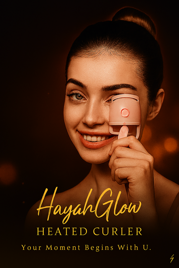 Woman holding a heated curler with 'HayahGlow' branding against a dark background.