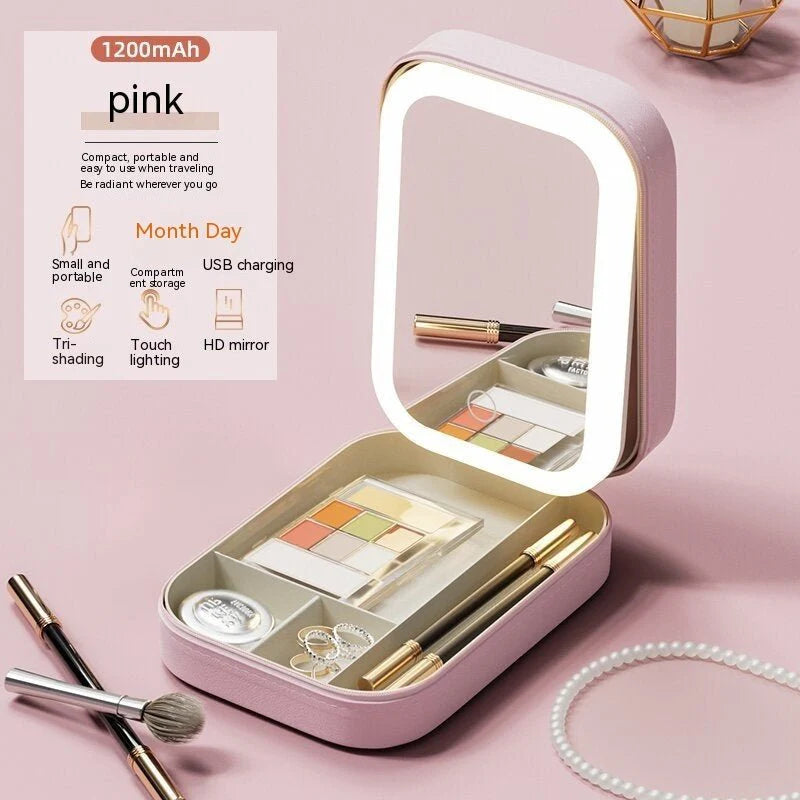 Makeup Storage Box With LED Light Mirror Portable Travel Makeup Cosmetics Storage Box Touch Light Storage Organizer - Hayah Glow
