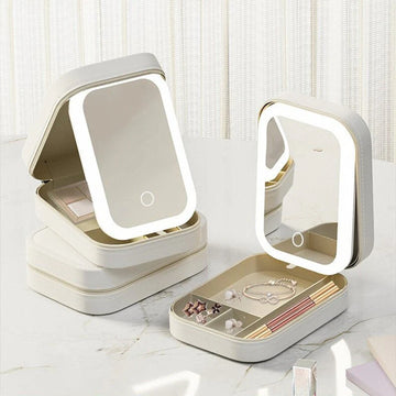 Makeup Storage Box With LED Light Mirror Portable Travel Makeup Cosmetics Storage Box Touch Light Storage Organizer - Hayah Glow