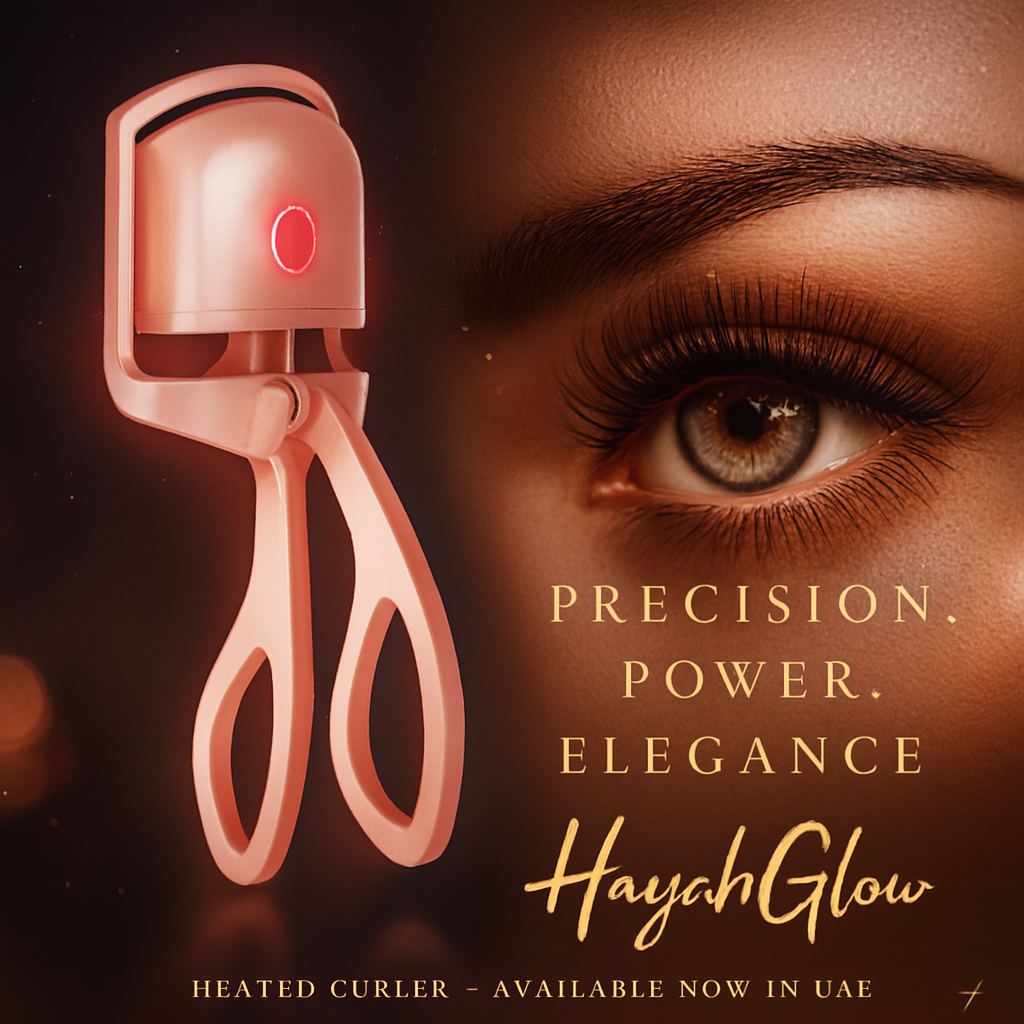 Heated curler with a close-up of an eye, featuring the brand 'HayahGlow'.