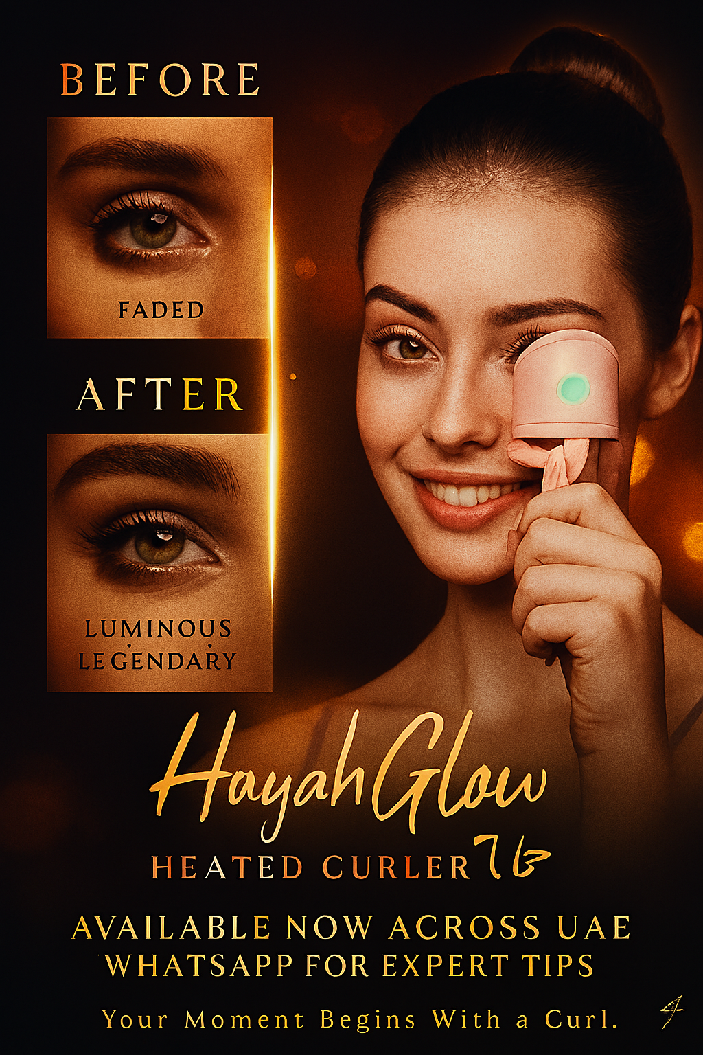 Advertisement for HayahGlow heated curler with 'Before' and 'After' effects on eyes, and product branding.