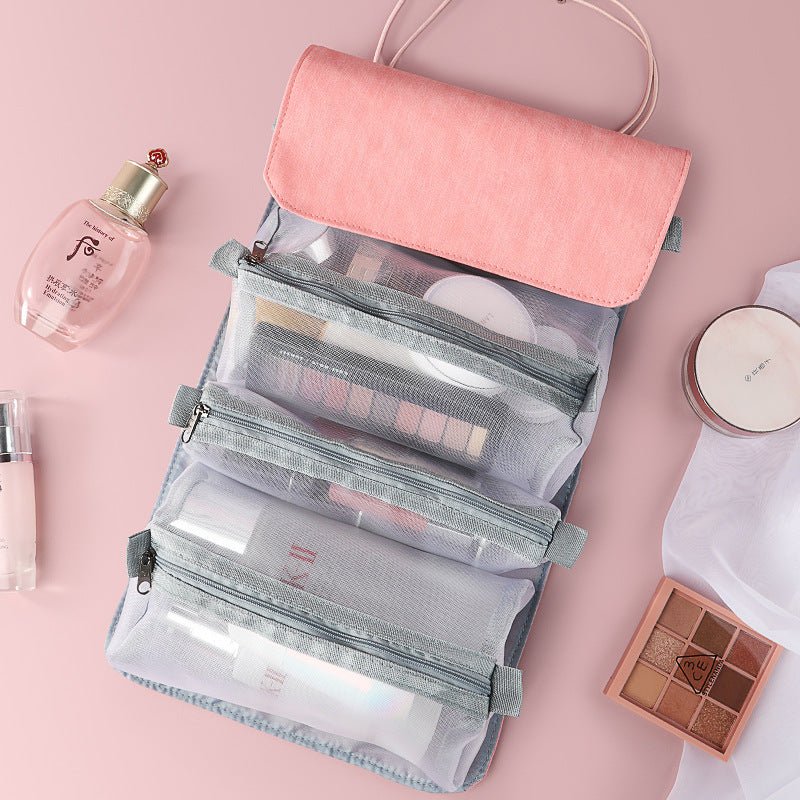 Detachable Make-Up Bag Foldable Box Large Capacity 4-Room Travel Portable Inner Zipper Cosmetic Pack with Handle - Hayah Glow