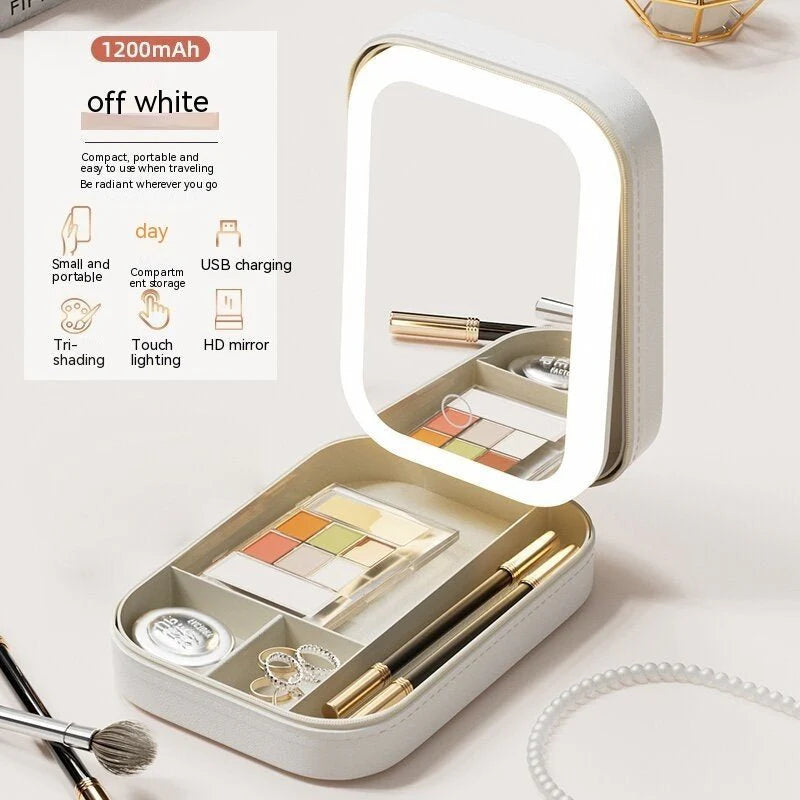 Makeup Storage Box With LED Light Mirror Portable Travel Makeup Cosmetics Storage Box Touch Light Storage Organizer - Hayah Glow